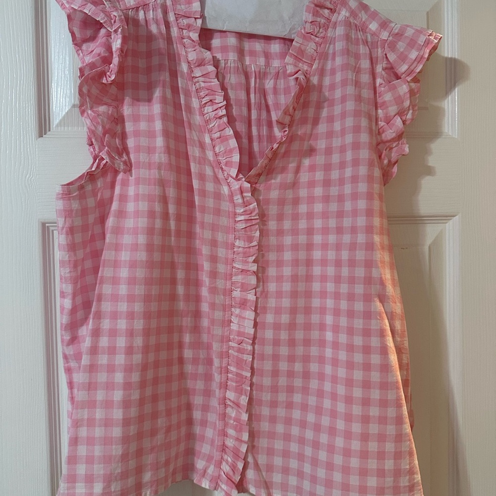 Pink JCrew Factory Gingham Ruffle Sleeve Top
